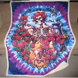 New Skeleton & Roses Grateful Dead Bertha Sherpa Gift Throw Blanket Tie Dye 30th